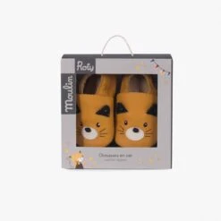 Moulin Roty Chaussons Cuir Chat Moutarde -Bébés Produits Magasin 666527 2 gris 4